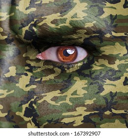 Army Camouflage Painted On Angry Soldier Face