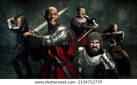 Army. Creative art collage with brutal serious medieval warriors or knights war clothes with swords in motion, action isolated over dark vintage background. Comparison of eras, history