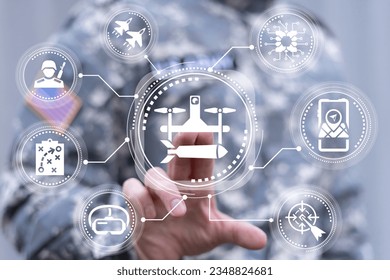 Army engineer or soldier using virtual touch screen presses icon: military tactical unmanned drone with bomb. Concept of military drone of reconnaissance, surveillance, bombing.