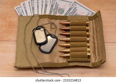 Army Identification Medallions, Bandolier With Cartridges, American Dollar Bills. Concept: Military Special Operation, Arms Supplies, Financing Of War, Mercenary Activity, Sale Of Weapons.