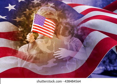 Army man hugging daughter with American flag against focus on usa flag - Powered by Shutterstock