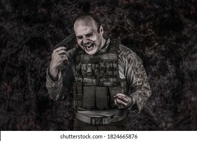 Army Officer Is One Step Away From Suicide, Aiming With His Pistol Right Into The Head. He Is Wearing Bulletproof Vest, Desert Combat Uniform. PTSD (Post Traumatic Stress Disorder) Personal Tragedy.