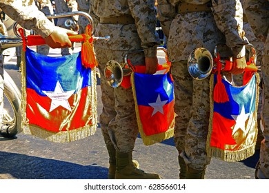 Army Parade In Chile. Military Music Trumpet And Chilean Flag 