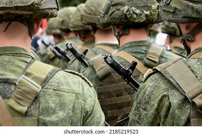 Army Parade - A March Of Soldiers In Uniform. Servicemen Of The Republic Of Belarus In The Ranks.