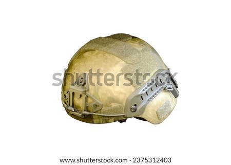 The army shop displays the khaki-colored helmet that comes with the soldier's military uniform, isolated on white background.