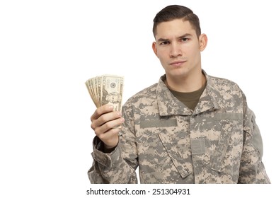 Army Soldier Holding Money Against White Background