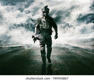 Army soldier moving towards camera on cloudscape background