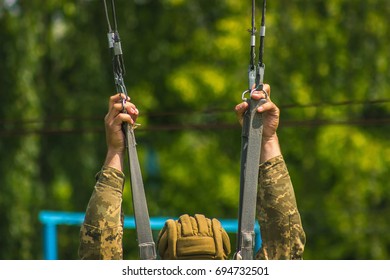 Army Soldier Paratrooper Training Jump From Parachute