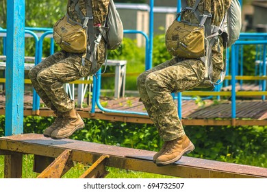 Army Soldier Paratrooper Training Jump From Parachute