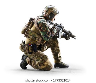 Army Soldier In Protective Combat Uniform Holding Special Operations Forces Combat Assault Rifle Isolated On White Background