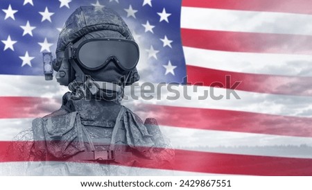 Army soldier with US flag. Soldier from United States of America. Male soldier in helmet and protective camouflage. US army officer in modern uniform. US armed forces. Warrior, fighter
