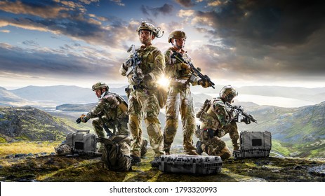 Army Soldiers In Protective Combat Uniform Holding Special Operations Forces Combat Assault Rifle On Dark Background