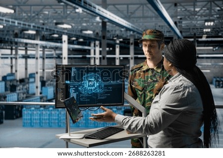 Army tech expert in data center briefing command officer with AI assisted strategic insights. Server farm workers analyzing enemy movement predictions generated by AI systems