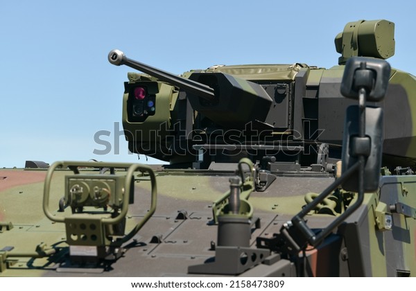 Army vehicle\
industry. Detail view of Piranha vehicle used for protected\
mobility on the field. Romania,\
2022.