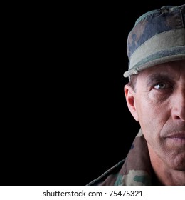 Army Veteran Half Portrait Isolated On Black Background.