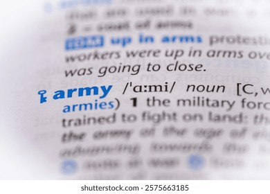 Army word in a dictionary. Selective focus, close up.