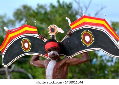 ARNHEM LAND, NT - JUNE 08 2019:Young Adult Indigenous Australians Aboriginal Man Dancing A Cultural Ceremony Dance.