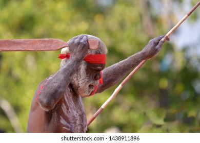 ARNHEM LAND, NT - JUNE 08 2019:Indigenous Australian Aboriginal Senior Man Holding Traditional Hunting Weapons During A Local Community Festival Event In The Norther Territory, Australia.