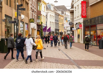 Arnhem, The Netherlands, October 16, 2021; Pedestrians in the pleasant shopping street in the center of Arnhem.