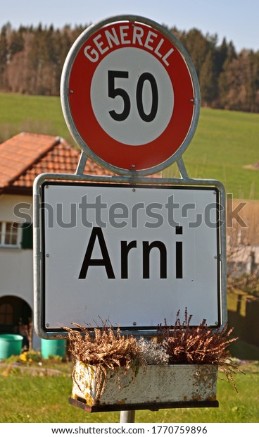Arni\
village, city sign, Canton of Aargau,\
Switzerland