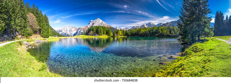 Arnisee with Swiss Alps. Arnisee is a reservoir in the Canton of Uri, Switzerland.