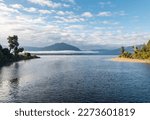 Arnold River outlet on Lake Brunner (Moana) with Mount Te Kinga in distance, West Coast, South Island, New Zealand