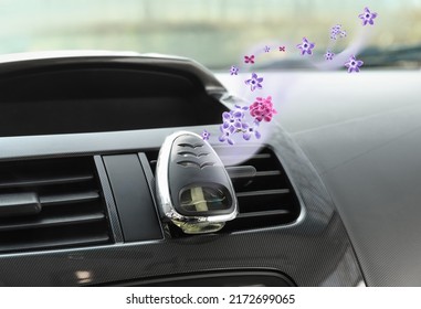 Aroma Air Freshener With Flying Fresh Lilac Flowers In Car Salon