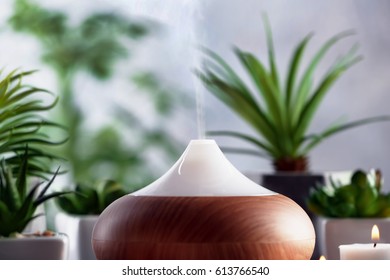 Aroma oil diffuser and plants on background - Shutterstock ID 613766540