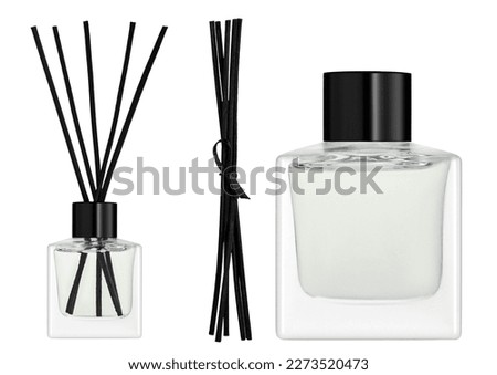 Aroma sticks in glass bottle. Aroma diffuser. Home fragrance. Luxury aromatic reed diffuser glass bottle display on the with white background 
