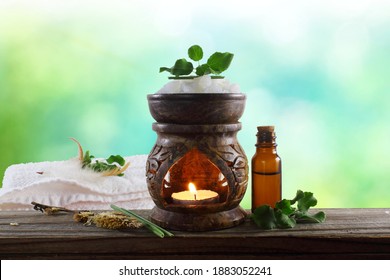 Aroma Therapy Aromatic Essential Oil Diffuser Aroma Lamp With Herb And Oil Bottle For Cosmetics, Spa, Health, Nature Concept