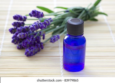 Aromatherapy oil in bottle with fresh lavenders