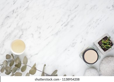 Aromatherapy And Wellness Concept On Marble Desk 