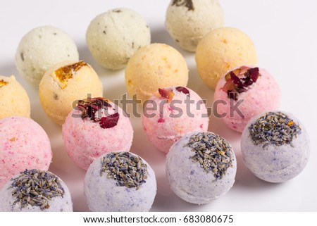 Aromatic bath bombs on a white background