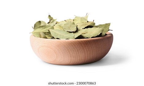 Aromatic bay leaves in wooden bowl on white background - Powered by Shutterstock