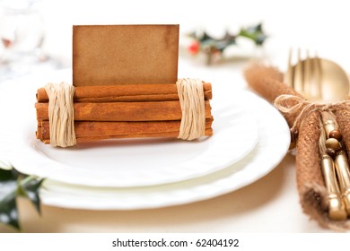 Aromatic Christmas Place Setting Place  With Card, Holly Twig In White Plate, Shallow Dof