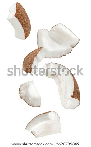 Aromatic coconut chunks falling, showcasing tropical freshness, exotic essence, and natural health benefits, ideal for food, beauty, and wellness products promotion