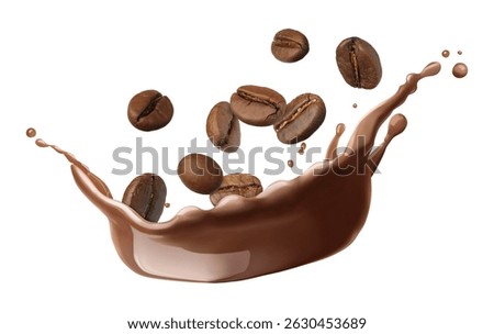 Aromatic coffee splash with roasted beans in air on white background