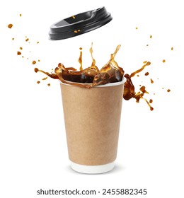 Aromatic coffee splashing in takeaway paper cup and flying lid on white background