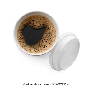 Aromatic Coffee In Takeaway Paper Cup And Lid On White Background, Top View