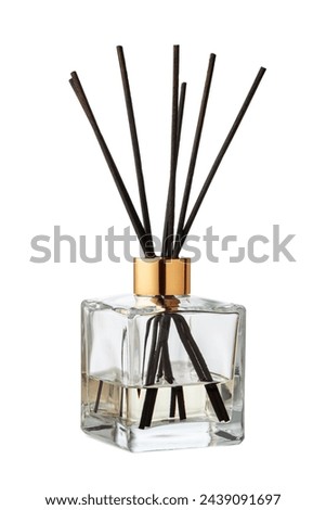 Aromatic diffuser bottle with sticks isolated on white background