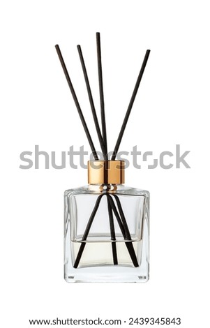 Aromatic diffuser bottle with sticks isolated on white background