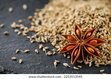 aromatic dry anise seeds on a dark black stone background.