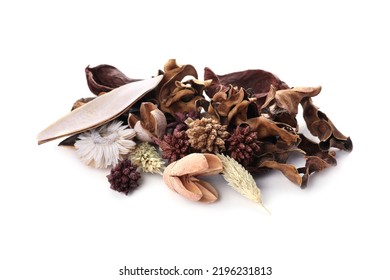 Aromatic potpourri of dried flowers on white background