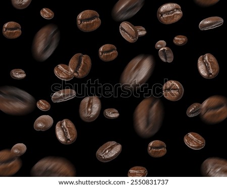 Aromatic roasted coffee beans in air on black background