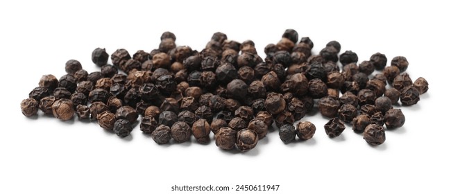 Aromatic spice. Many black dry peppercorns isolated on white - Powered by Shutterstock