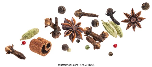 Aromatic spices collection, christmas decoration, falling igredients for mulled wine isolated on white background
