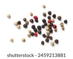 Aromatic spices. Pile of different peppers isolated on white, top view