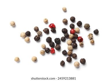 Aromatic spices. Pile of different peppers isolated on white, top view