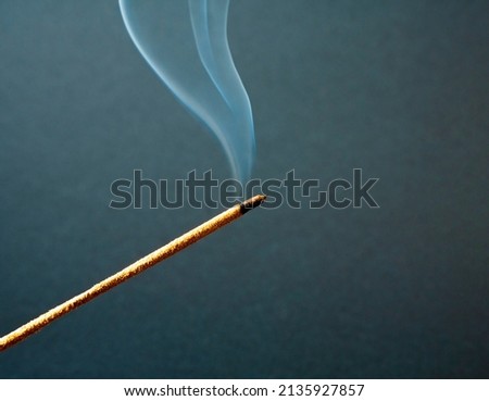 Aromatic stick isolated on black backdrop. Blue wavy smoke spreads in the air. Swirling movement of smoke. Single incense stick burning with red hot ash. Chinese Incense Stick