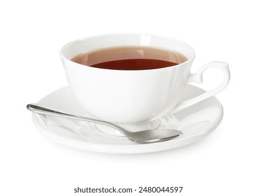 Aromatic tea in cup and spoon isolated on white